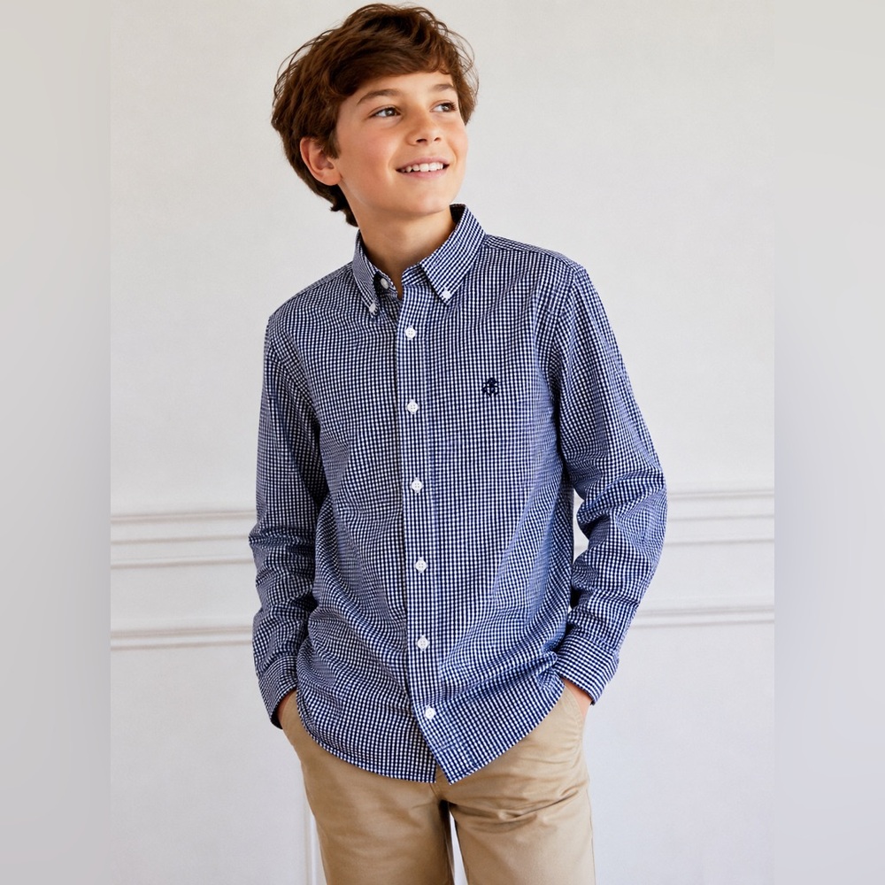 Brooks Brothers Fleece Boys L Gingham Check Shirt Cotton Button Down Blue